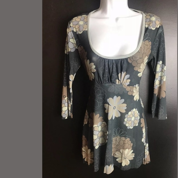 SWEET PEA Stacy Frati Floral Mesh Top Blouse Shirt Gray Tan Scoop Neck Tie Waist - Picture 1 of 8